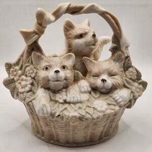 Vintage 1993 Ceramic Kittens in Flower Basket Figurine Beige Glazed Cat Decor
